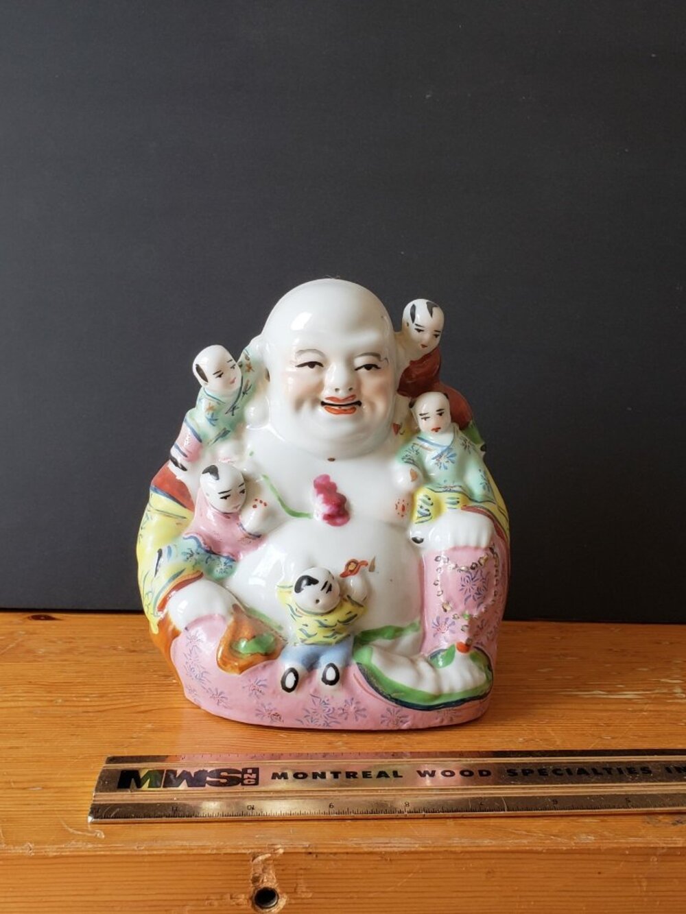 Laughing Buddha w 5 children Vtg Famille Rose Chinese Porcelain stamped 7" high